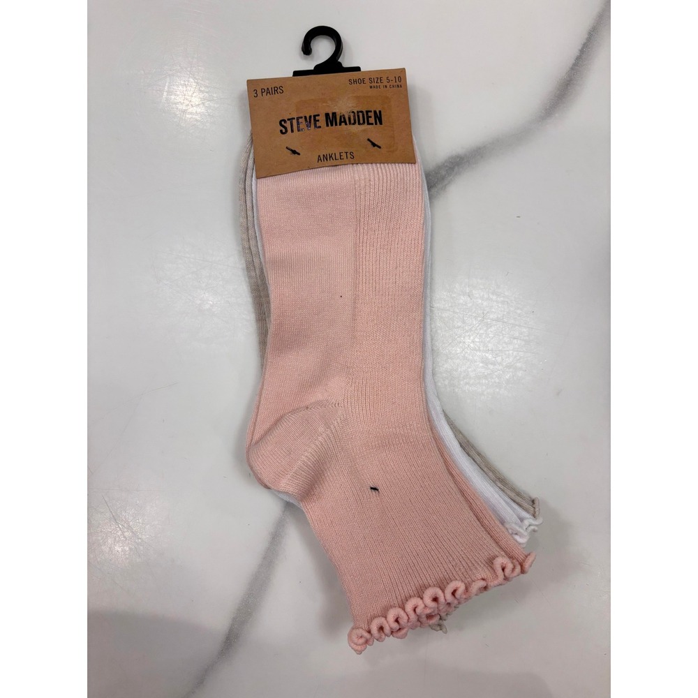 Steve Madden Womens Anklet Socks 3 Pack Pink White Beige Lettuce Edge Size 5-10